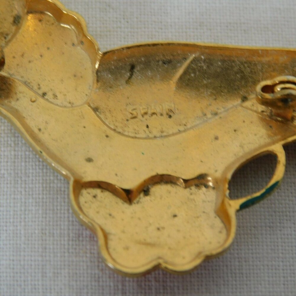 Bird Shaped Gold Tone Enamel Brooch Pin Textured Red Flower Spain 2" FLAW - Picture 8 of 8